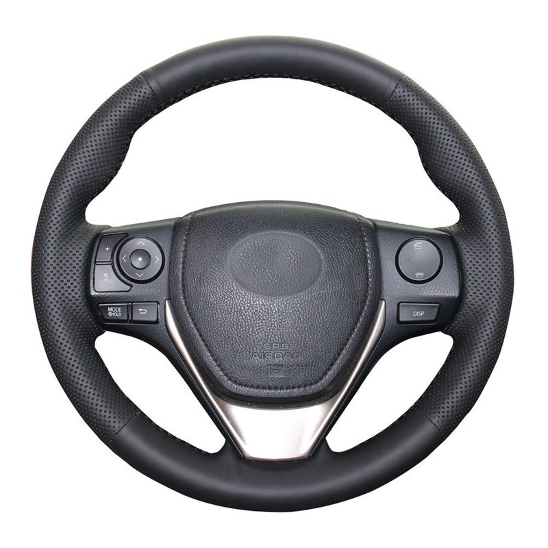 Eiseng Customized DIY Black Genuine Leather Steering Wheel Cover with Needles for 2013 2014 2015 2016 2017 2018 Toyota RAV4 Interior Accessories/for 2014-2018 Toyota Corolla 15 inches (Black Thread) - Image 1